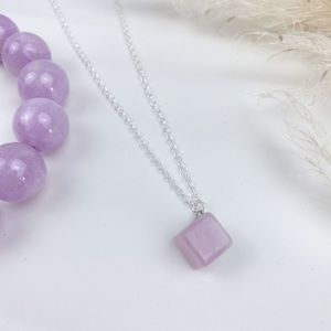 Kunzite Cube Necklace with silver plated chain